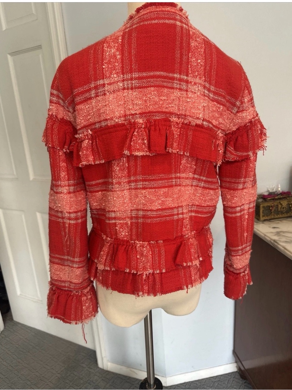 Zara Red Plaid Fringed Tweed Blazer Jacket - Picture 3 of 4